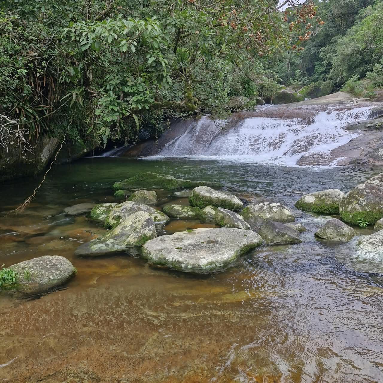 Poco raso com pedras e cascata larga ao fundo na Cachoeira da Lage em Ilhabela